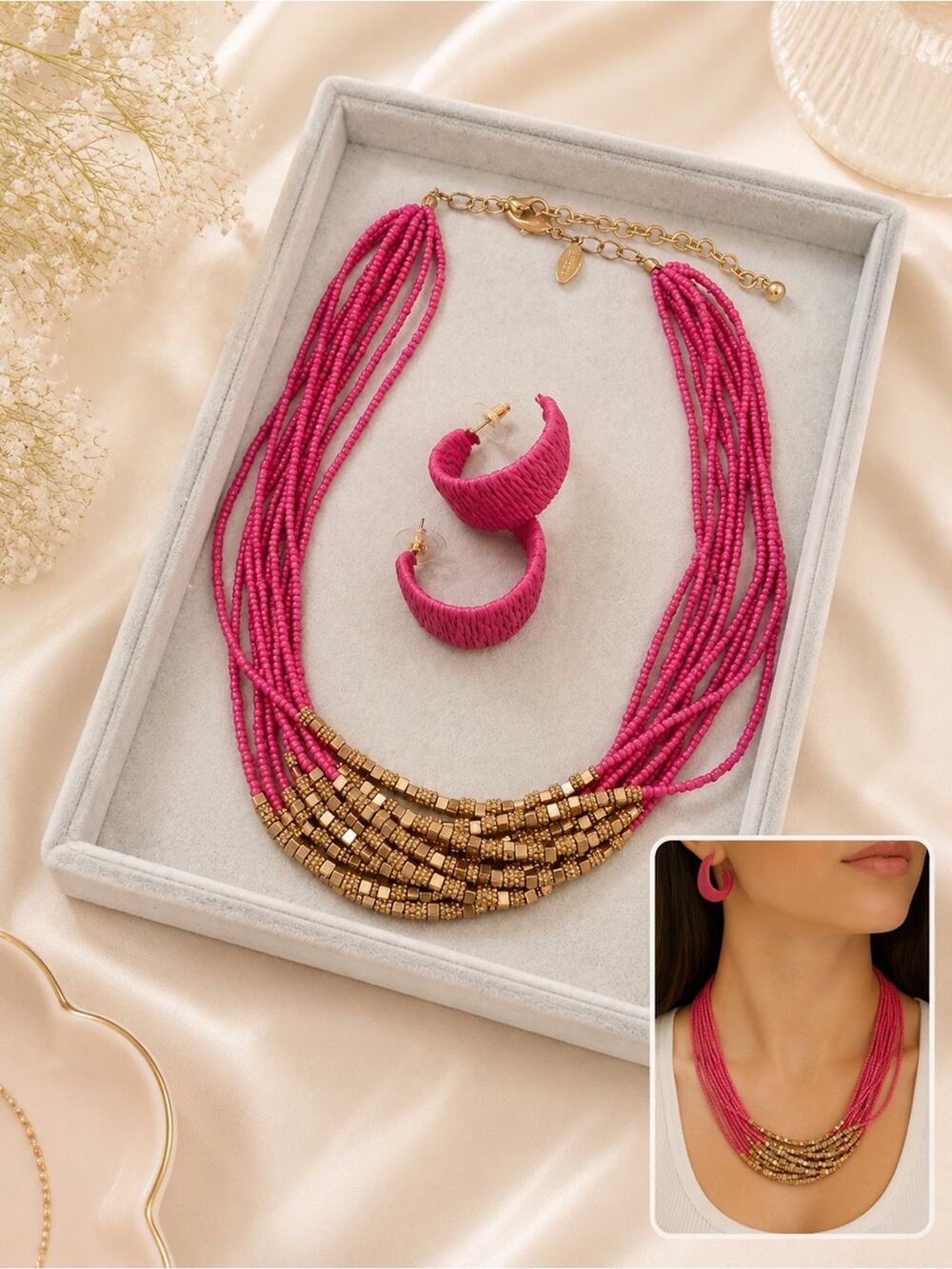 Pink Chicos Beaded Multi-Strand Necklace Hoop Earring Set Hot Pink & Gold cute